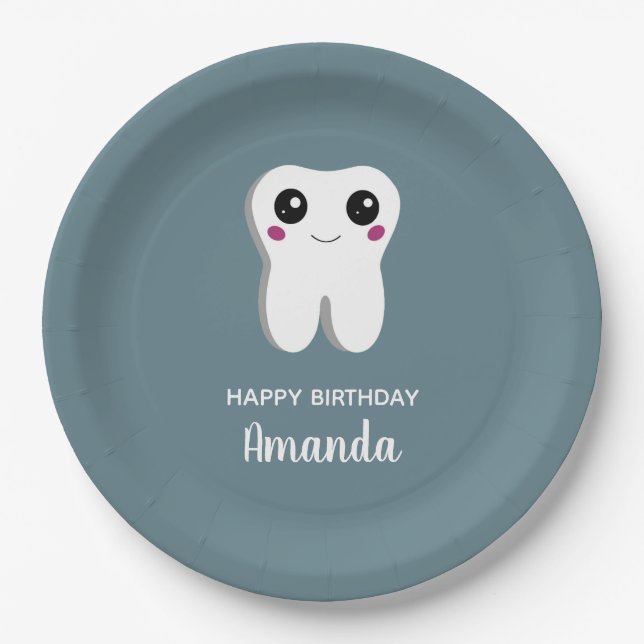Happy Smiling Dental Tooth Cute Birthday Paper Plates (Front)