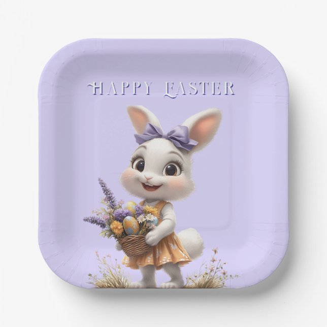  Happy Smiling Easter Bunny Eggs Lavender Bow  Paper Plates (Front)