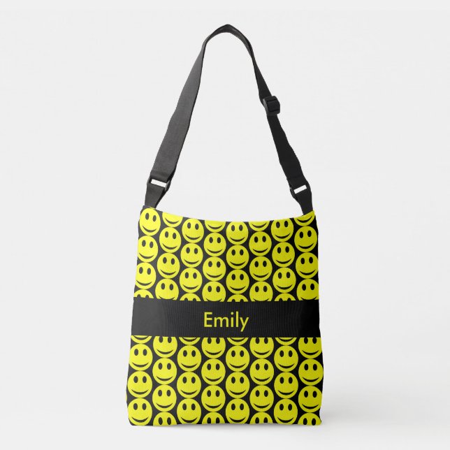 Happy Smiling Faces Yellow Black, Add Name Crossbody Bag (Front)