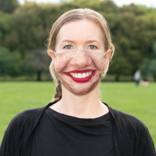 Happy Smiling Female Face Red Lipstick Funny Adult Cloth Face Mask