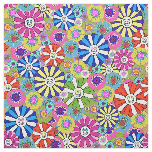 Happy smiling flower print fabric (Swatch)