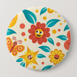 Happy Smiling Flowers Pattern Pinback Button