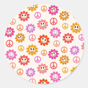 Happy Smiling Flowers pattern with peace signs Classic Round Sticker