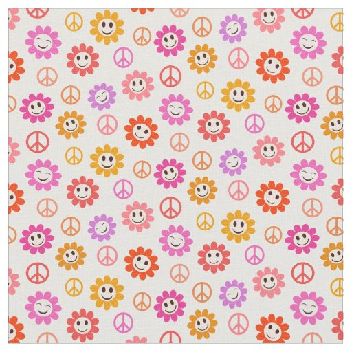 Happy Smiling Flowers pattern with peace signs Fabric