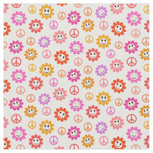 Happy Smiling Flowers pattern with peace signs Fabric (Close Up)