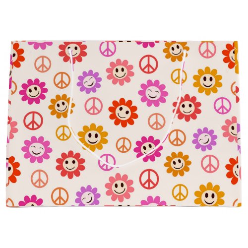Happy Smiling Flowers pattern with peace signs  Large Gift Bag