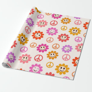 Happy Smiling Flowers pattern with peace signs Wrapping Paper