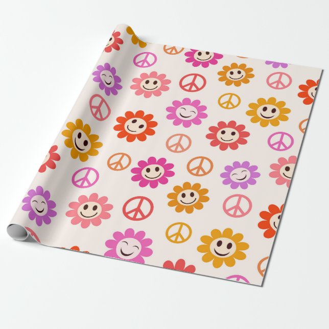 Happy Smiling Flowers pattern with peace signs  Wrapping Paper (Unrolled)