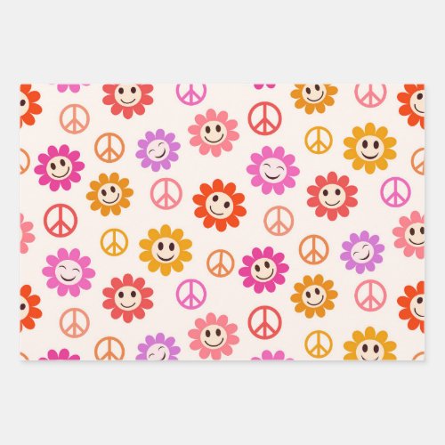 Happy Smiling Flowers pattern with peace signs  Wrapping Paper Sheets