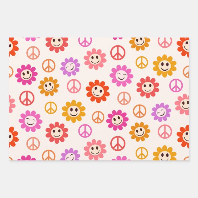 Happy Smiling Flowers pattern with peace signs  Wrapping Paper Sheets (Front)