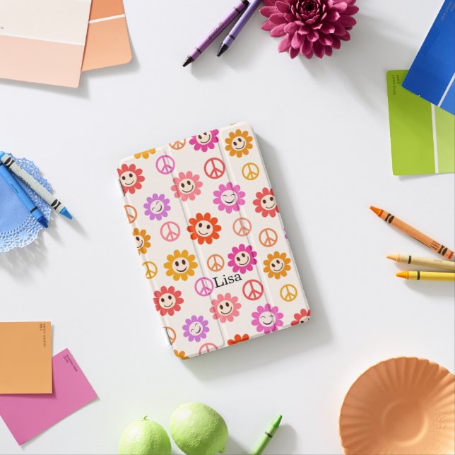 Happy Smiling Flowers with peace signs Custom name iPad Mini Cover (In Situ)