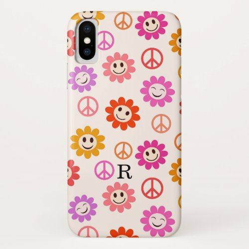 Happy Smiling Flowers with peace signs Monogrammed iPhone X Case