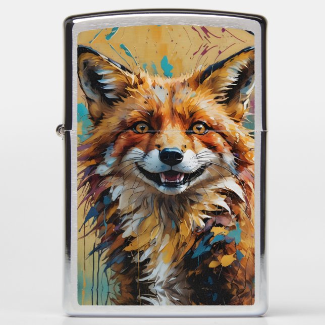 Happy Smiling Fox -paint splatter Zippo Lighter (Front)