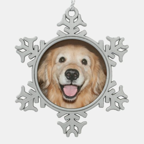 Happy Smiling Golden Retriever Dog Holiday Snowflake Pewter Christmas Ornament