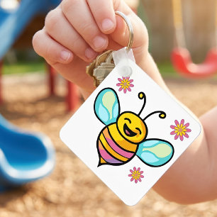 Happy Smiling Kawaii Baby Bee with Cute Flowers Keychain