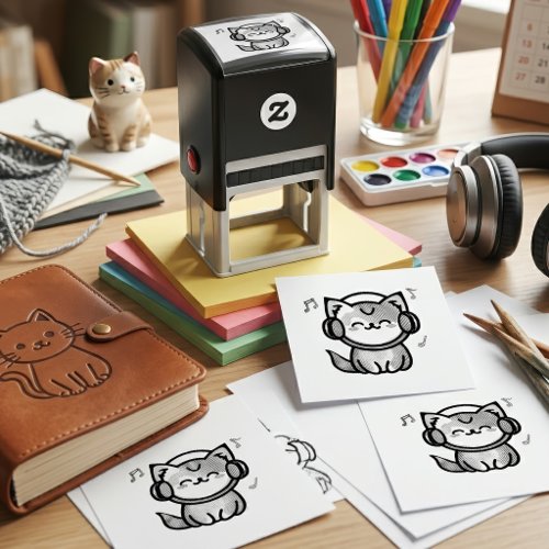 Happy Smiling Kawaii Cartoon Cat with Headphones Self-inking Stamp