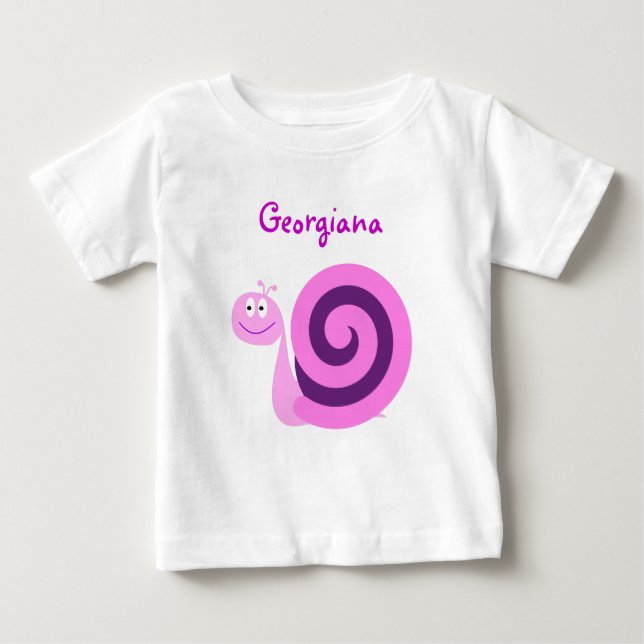 Happy Smiling Pink & Purple Snail; Custom Name Baby T-Shirt (Front)