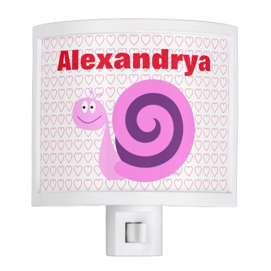 Happy, Smiling Pink & Purple Snail + Custom Name Night Light (Front)