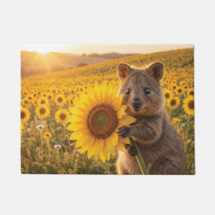 Happy Smiling Quokka Holding a Sunflower Doormat