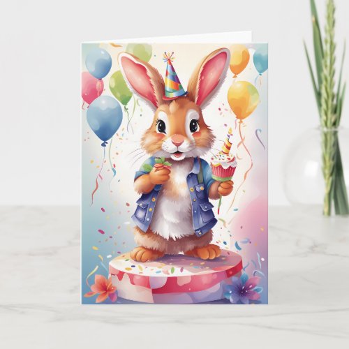 Happy smiling rabbit at birthday party! | Card