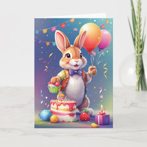 Happy smiling rabbit holding balloons  Card