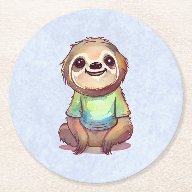 Happy Smiling Sloth Sitting Relaxed Round Paper Coaster (Front)