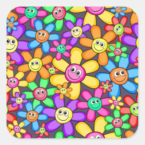 Happy Smiling Spring Garden Flowers Square Sticker