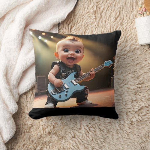 Happy Smiling Toddler Playing Guitar Live on Stage Throw Pillow