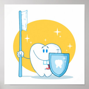 Happy Smiling Tooth With Toothbrush And Shield Poster