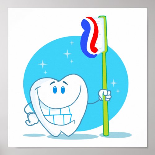 Happy Smiling Tooth With Toothbrush Poster