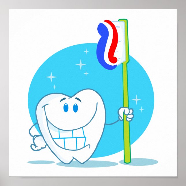 Happy Smiling Tooth With Toothbrush Poster (Front)