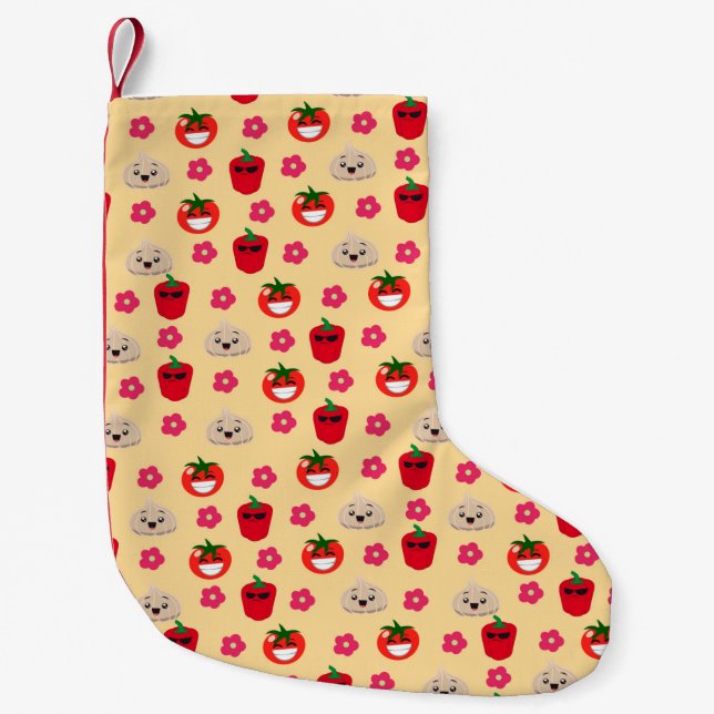 Happy smiling vegetable background pattern cartoon small christmas stocking (Front)
