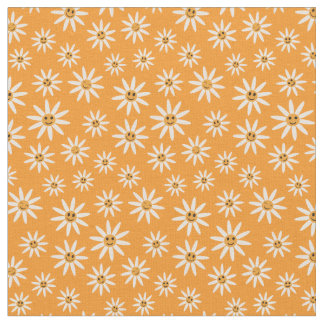 Happy smiling white flowers pattern on orange fabric