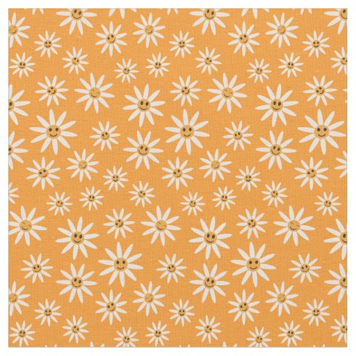 Happy smiling white flowers pattern on orange fabric