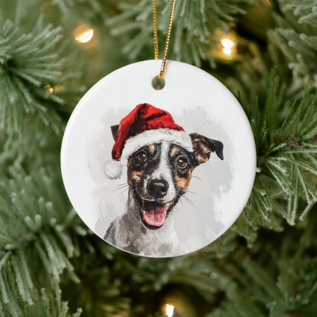 Happy Smooth Fox Terrier Christmas Personalized Ceramic Ornament (Tree)