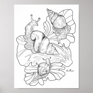 Happy Snails on Lettuce Leafs Art Coloring Page Poster