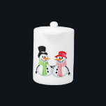 Happy Snow Couple Teapot<br><div class="desc">a happy snow couple with top hat, green scarf, red hat, and pink scarf</div>