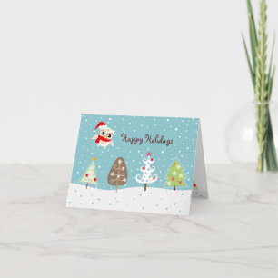 Happy Snow Owl and Christmas Tree Greeting Card