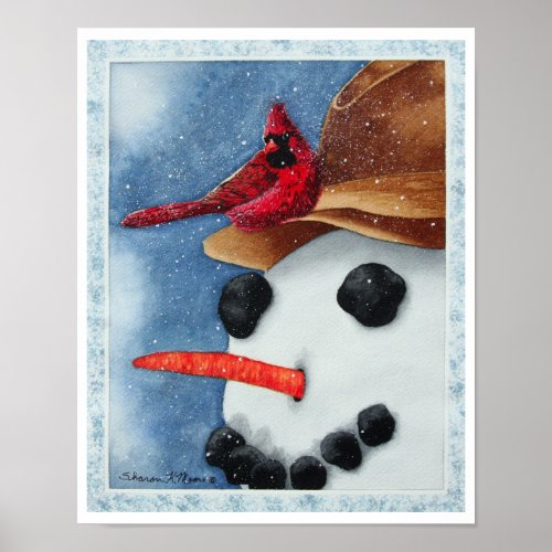 Happy Snowman and Cardinal _ PosterPrint Poster