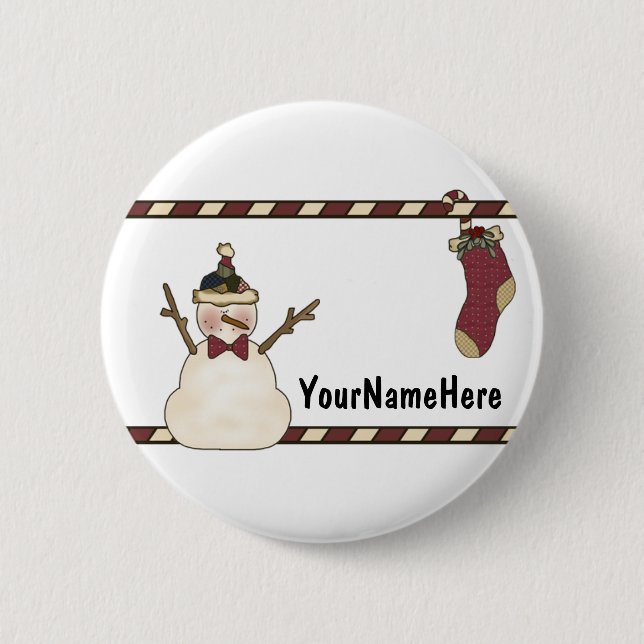 Happy Snowman And Christmas Stocking Button (Front)