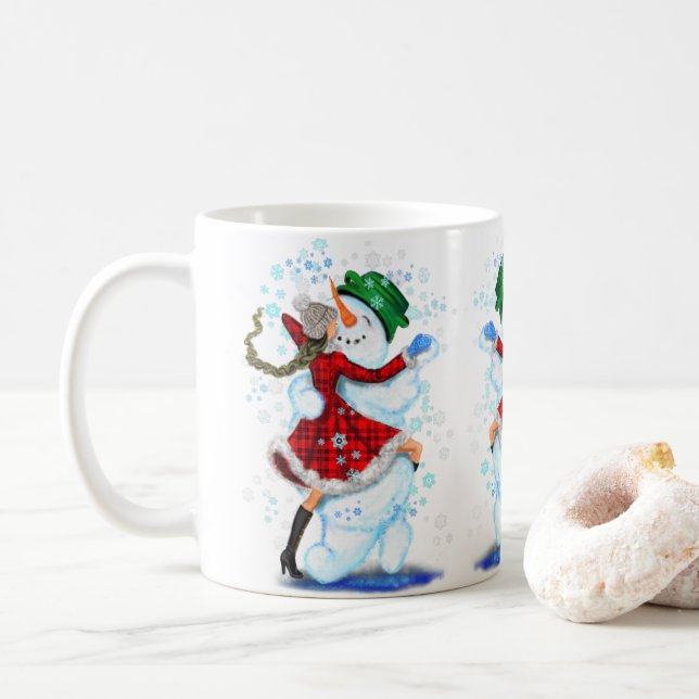 Happy Snowman and Girl Dance Tango Christmas Coffee Mug (With Donut)