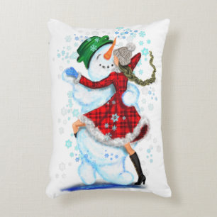 Happy Snowman and Girl Dance Tango Christmas Party Accent Pillow