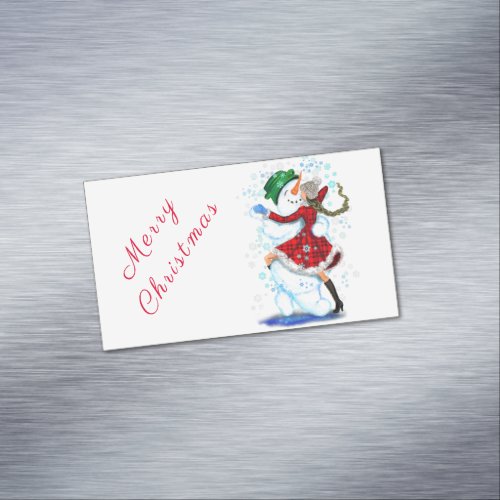 Happy Snowman and Girl Dance Tango Christmas Party Business Card Magnet