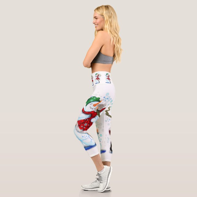 Happy Snowman and Girl Dance Tango Christmas Party Capri Leggings (Left)