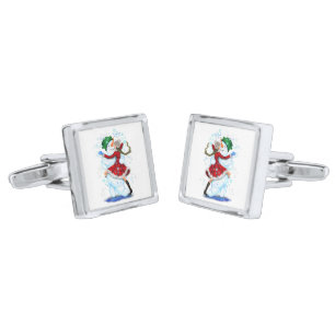 Happy Snowman and Girl Dance Tango Christmas Party Cufflinks