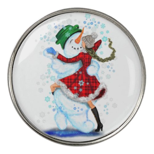 Happy Snowman and Girl Dance Tango Christmas Party Golf Ball Marker