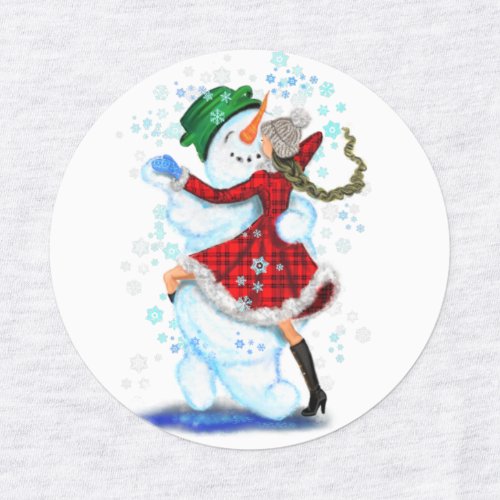 Happy Snowman and Girl Dance Tango Christmas Party Labels