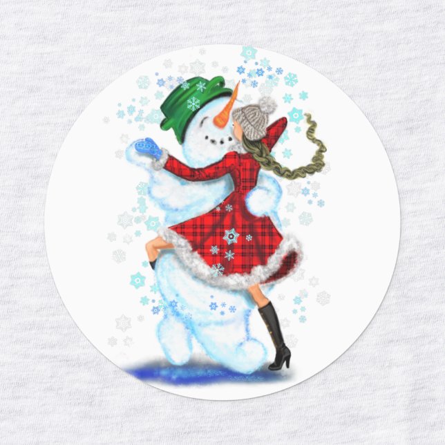 Happy Snowman and Girl Dance Tango Christmas Party Labels (Design 3)