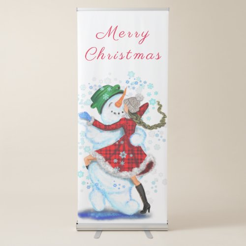 Happy Snowman and Girl Dance Tango Christmas Party Retractable Banner