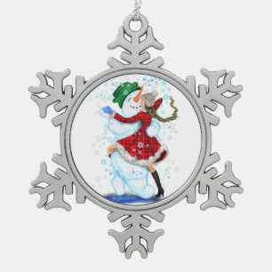 Happy Snowman and Girl Dance Tango Christmas Party Snowflake Pewter Christmas Ornament